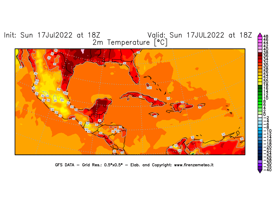 Mappa di analisi GFS - Temperatura a 2 metri dal suolo [°C] in Centro-America
							del 17/07/2022 18 <!--googleoff: index-->UTC<!--googleon: index-->