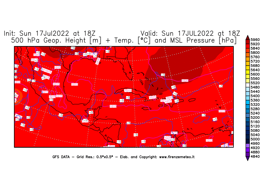 Mappa di analisi GFS - Geopotenziale [m] + Temp. [°C] a 500 hPa + Press. a livello del mare [hPa] in Centro-America
							del 17/07/2022 18 <!--googleoff: index-->UTC<!--googleon: index-->