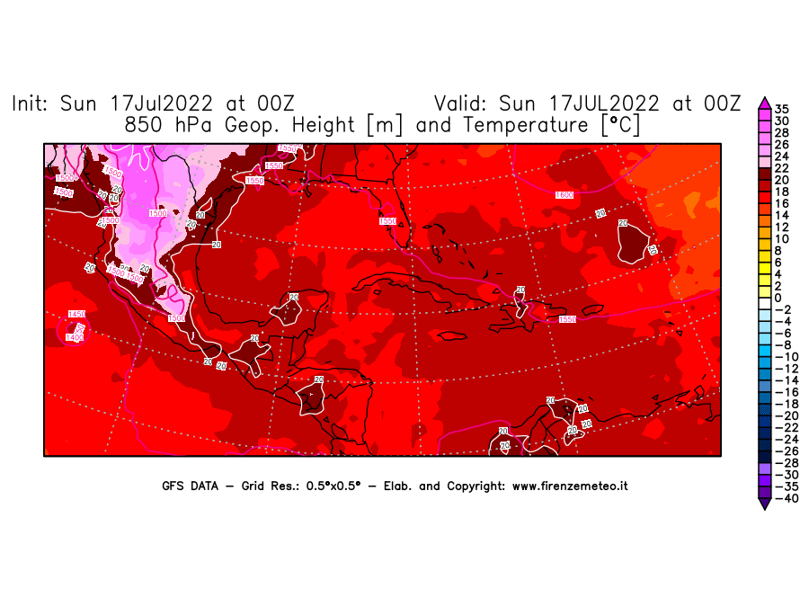 Mappa di analisi GFS - Geopotenziale [m] e Temperatura [°C] a 850 hPa in Centro-America
							del 17/07/2022 00 <!--googleoff: index-->UTC<!--googleon: index-->