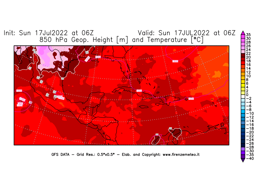 Mappa di analisi GFS - Geopotenziale [m] e Temperatura [°C] a 850 hPa in Centro-America
							del 17/07/2022 06 <!--googleoff: index-->UTC<!--googleon: index-->