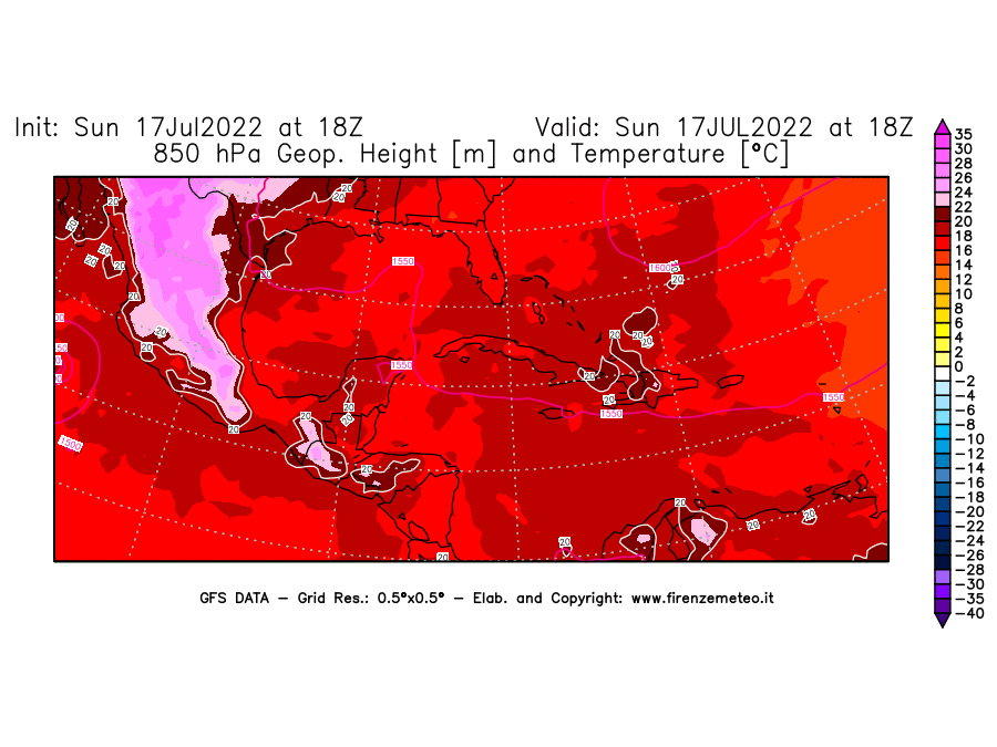 Mappa di analisi GFS - Geopotenziale [m] e Temperatura [°C] a 850 hPa in Centro-America
							del 17/07/2022 18 <!--googleoff: index-->UTC<!--googleon: index-->