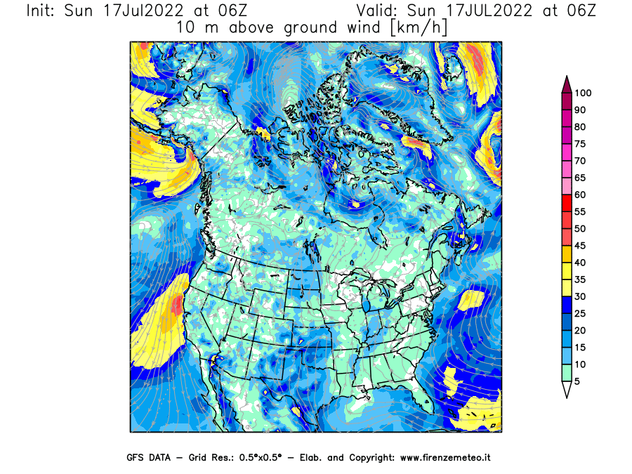 Mappa di analisi GFS - Velocità del vento a 10 metri dal suolo [km/h] in Nord-America
							del 17/07/2022 06 <!--googleoff: index-->UTC<!--googleon: index-->