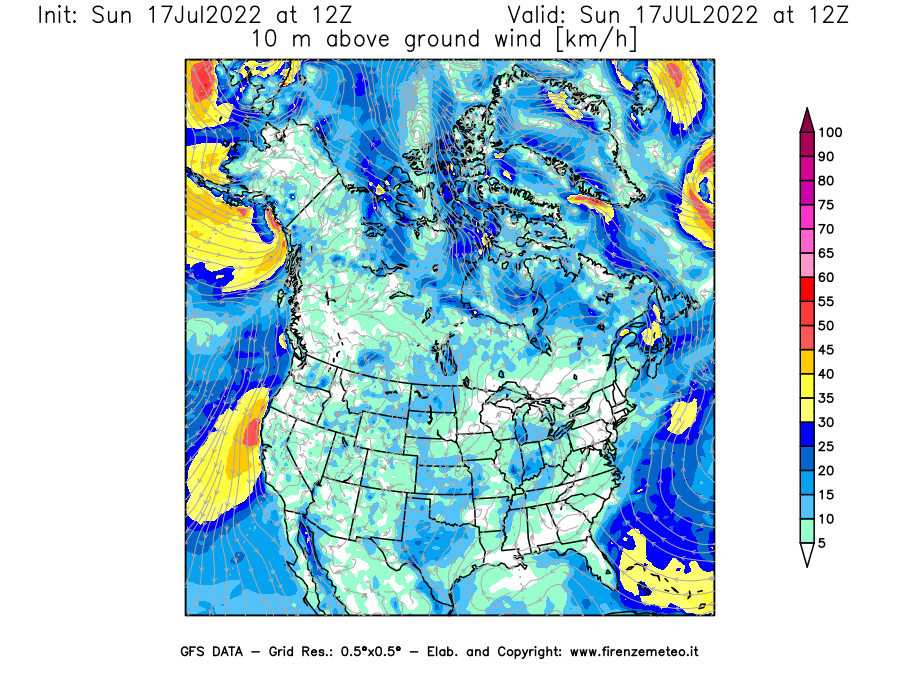 Mappa di analisi GFS - Velocità del vento a 10 metri dal suolo [km/h] in Nord-America
							del 17/07/2022 12 <!--googleoff: index-->UTC<!--googleon: index-->