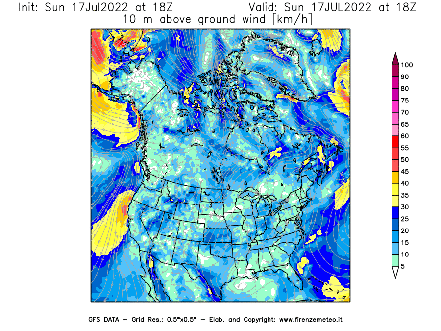 Mappa di analisi GFS - Velocità del vento a 10 metri dal suolo [km/h] in Nord-America
							del 17/07/2022 18 <!--googleoff: index-->UTC<!--googleon: index-->