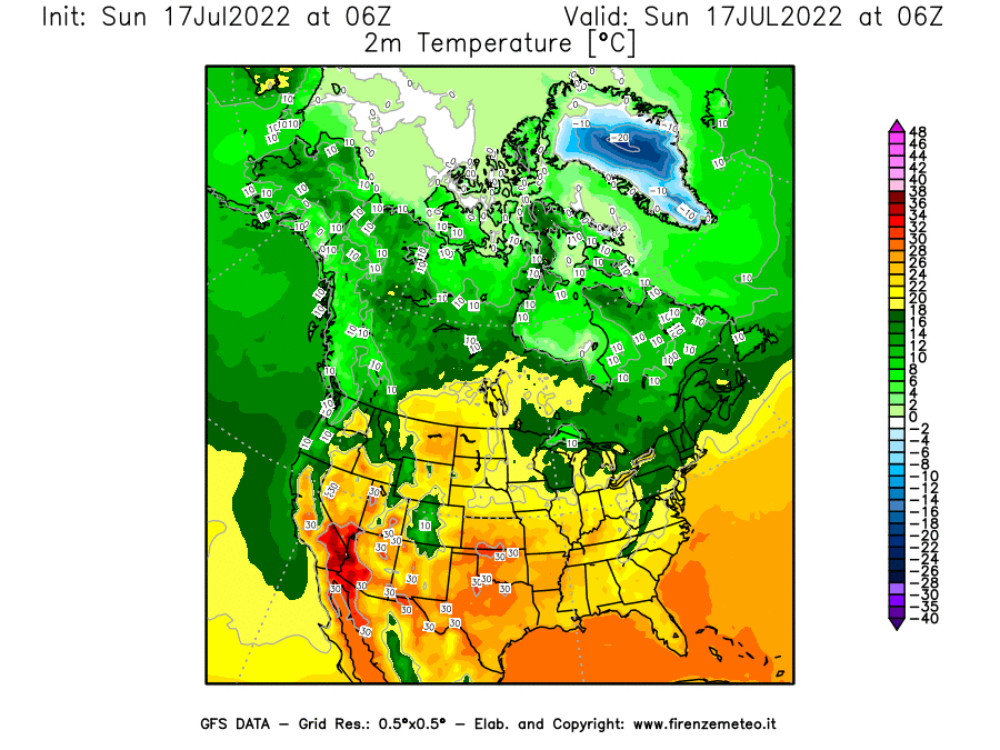 Mappa di analisi GFS - Temperatura a 2 metri dal suolo [°C] in Nord-America
							del 17/07/2022 06 <!--googleoff: index-->UTC<!--googleon: index-->