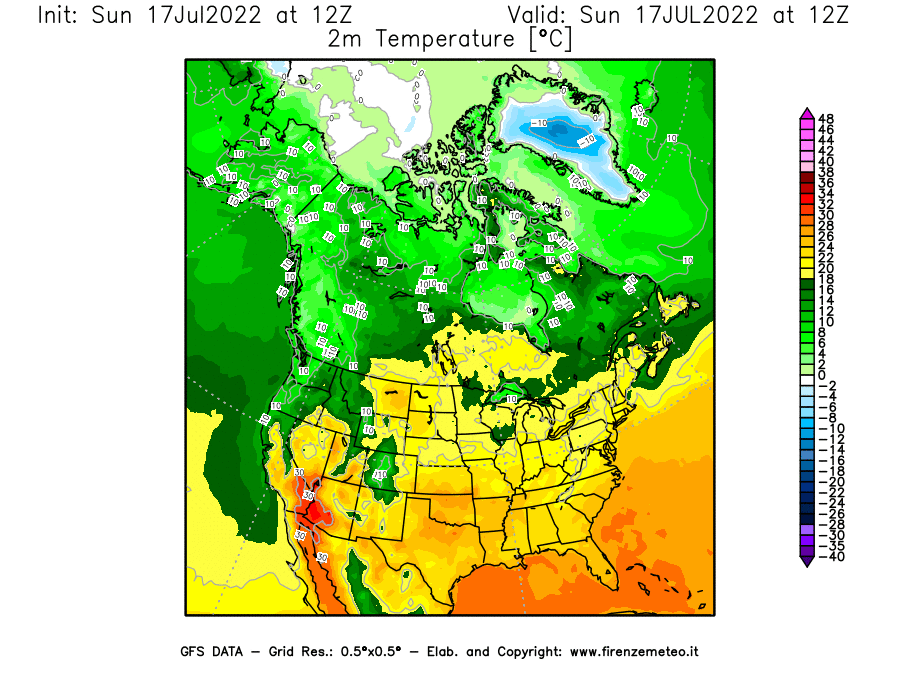Mappa di analisi GFS - Temperatura a 2 metri dal suolo [°C] in Nord-America
							del 17/07/2022 12 <!--googleoff: index-->UTC<!--googleon: index-->