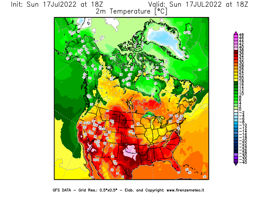 Mappa di analisi GFS - Temperatura a 2 metri dal suolo [°C] in Nord-America
							del 17/07/2022 18 <!--googleoff: index-->UTC<!--googleon: index-->