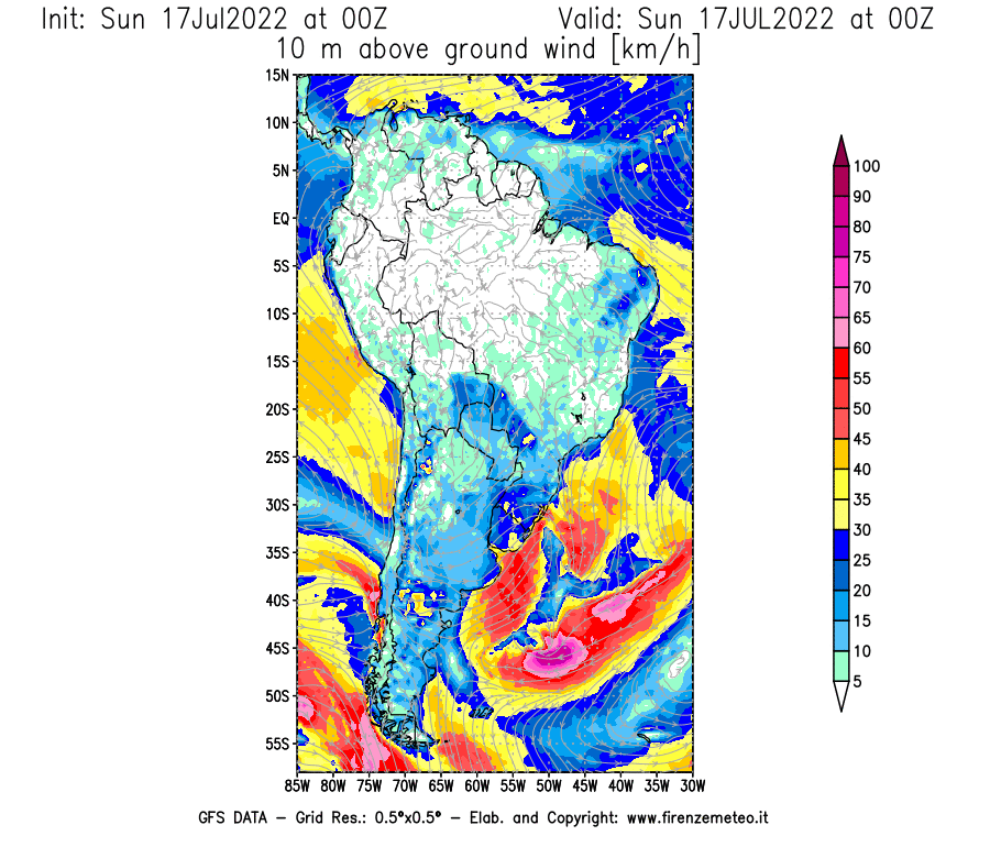 Mappa di analisi GFS - Velocità del vento a 10 metri dal suolo [km/h] in Sud-America
							del 17/07/2022 00 <!--googleoff: index-->UTC<!--googleon: index-->