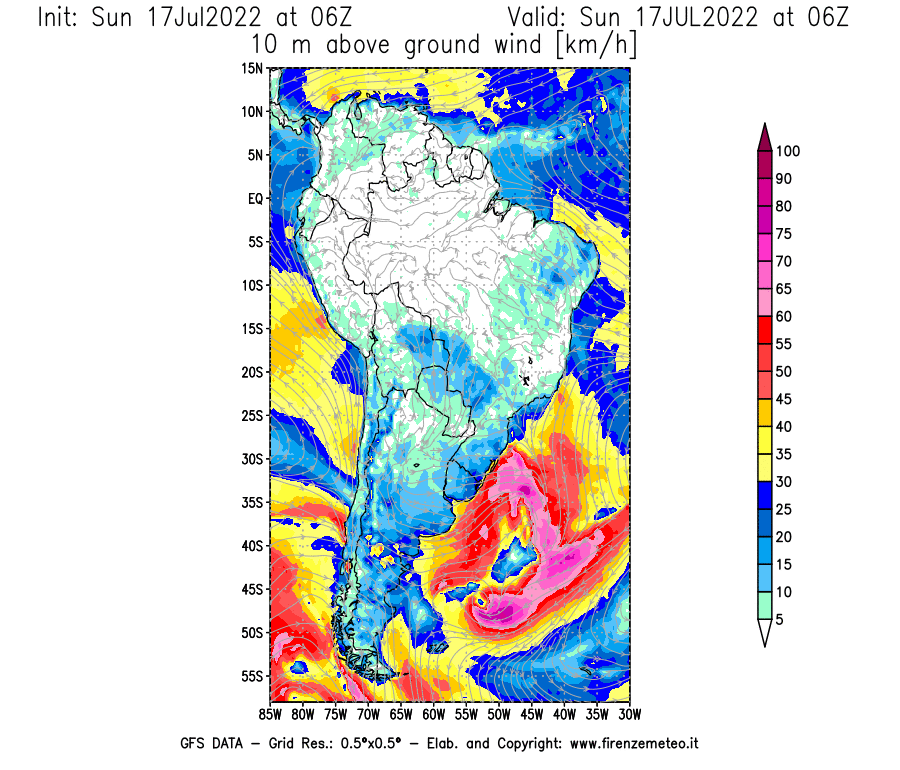 Mappa di analisi GFS - Velocità del vento a 10 metri dal suolo [km/h] in Sud-America
							del 17/07/2022 06 <!--googleoff: index-->UTC<!--googleon: index-->