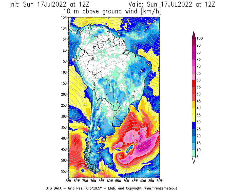 Mappa di analisi GFS - Velocità del vento a 10 metri dal suolo [km/h] in Sud-America
							del 17/07/2022 12 <!--googleoff: index-->UTC<!--googleon: index-->
