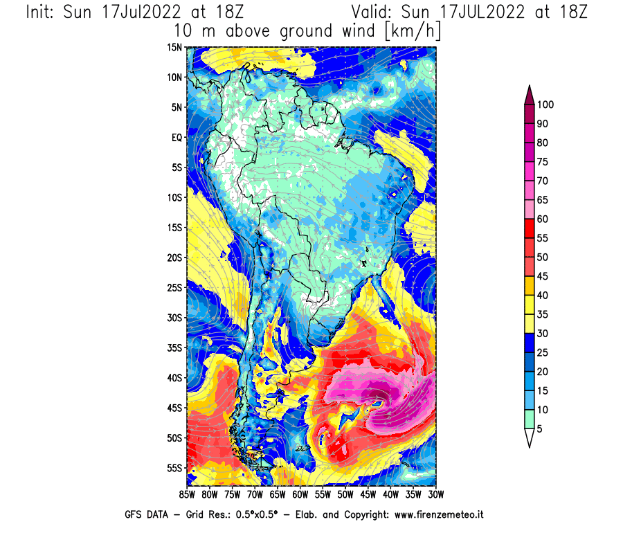 Mappa di analisi GFS - Velocità del vento a 10 metri dal suolo [km/h] in Sud-America
							del 17/07/2022 18 <!--googleoff: index-->UTC<!--googleon: index-->