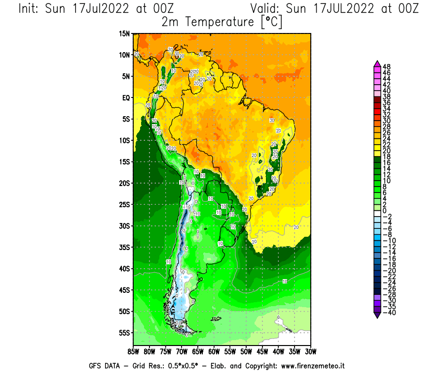 Mappa di analisi GFS - Temperatura a 2 metri dal suolo [°C] in Sud-America
							del 17/07/2022 00 <!--googleoff: index-->UTC<!--googleon: index-->