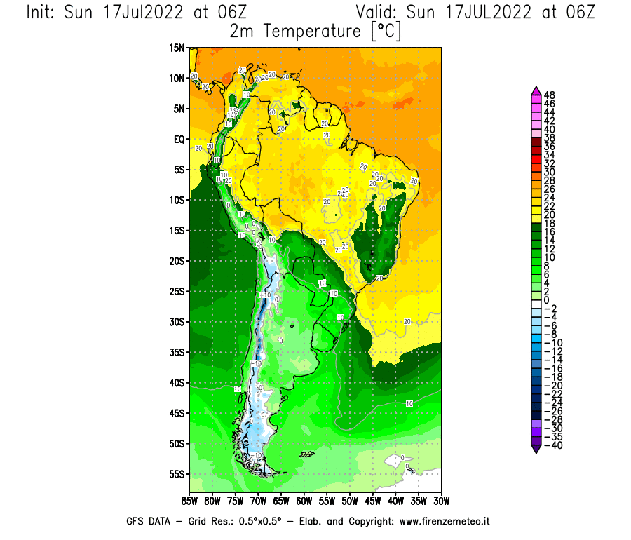 Mappa di analisi GFS - Temperatura a 2 metri dal suolo [°C] in Sud-America
							del 17/07/2022 06 <!--googleoff: index-->UTC<!--googleon: index-->