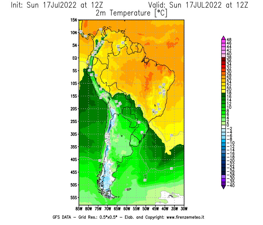 Mappa di analisi GFS - Temperatura a 2 metri dal suolo [°C] in Sud-America
							del 17/07/2022 12 <!--googleoff: index-->UTC<!--googleon: index-->