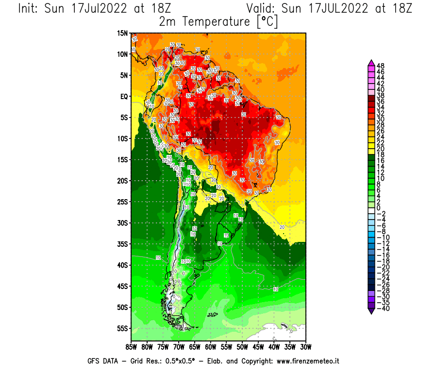 Mappa di analisi GFS - Temperatura a 2 metri dal suolo [°C] in Sud-America
							del 17/07/2022 18 <!--googleoff: index-->UTC<!--googleon: index-->