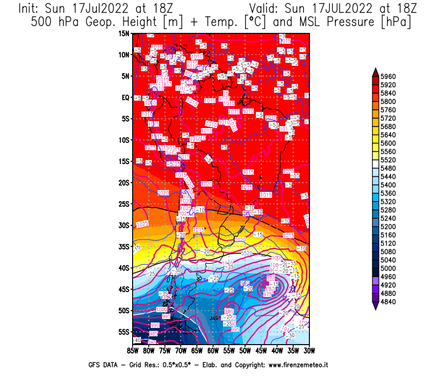Mappa di analisi GFS - Geopotenziale [m] + Temp. [°C] a 500 hPa + Press. a livello del mare [hPa] in Sud-America
							del 17/07/2022 18 <!--googleoff: index-->UTC<!--googleon: index-->
