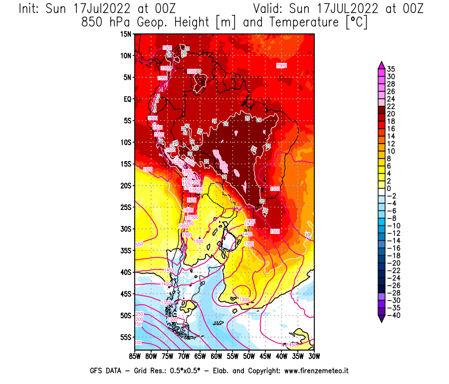 Mappa di analisi GFS - Geopotenziale [m] e Temperatura [°C] a 850 hPa in Sud-America
							del 17/07/2022 00 <!--googleoff: index-->UTC<!--googleon: index-->