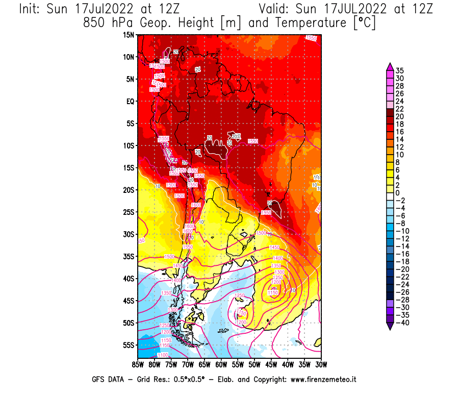 Mappa di analisi GFS - Geopotenziale [m] e Temperatura [°C] a 850 hPa in Sud-America
							del 17/07/2022 12 <!--googleoff: index-->UTC<!--googleon: index-->