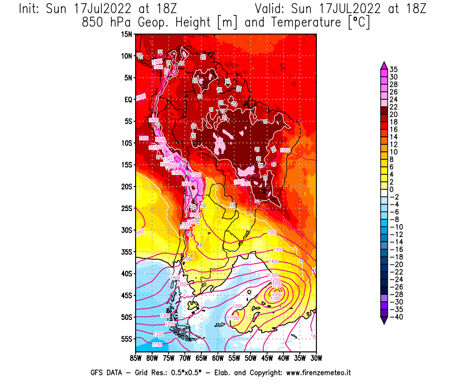 Mappa di analisi GFS - Geopotenziale [m] e Temperatura [°C] a 850 hPa in Sud-America
							del 17/07/2022 18 <!--googleoff: index-->UTC<!--googleon: index-->