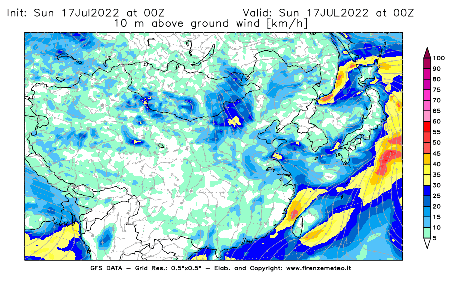 Mappa di analisi GFS - Velocità del vento a 10 metri dal suolo [km/h] in Asia Orientale
							del 17/07/2022 00 <!--googleoff: index-->UTC<!--googleon: index-->