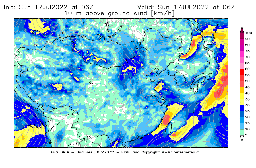 Mappa di analisi GFS - Velocità del vento a 10 metri dal suolo [km/h] in Asia Orientale
							del 17/07/2022 06 <!--googleoff: index-->UTC<!--googleon: index-->