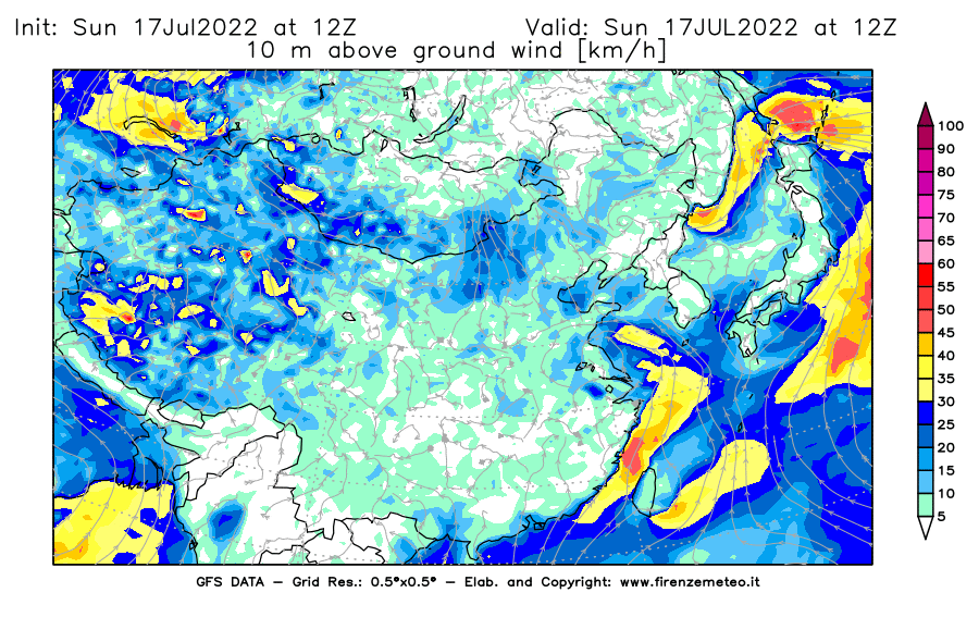 Mappa di analisi GFS - Velocità del vento a 10 metri dal suolo [km/h] in Asia Orientale
							del 17/07/2022 12 <!--googleoff: index-->UTC<!--googleon: index-->