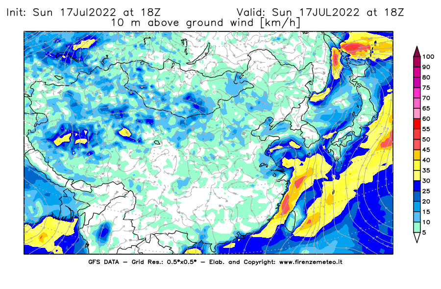 Mappa di analisi GFS - Velocità del vento a 10 metri dal suolo [km/h] in Asia Orientale
							del 17/07/2022 18 <!--googleoff: index-->UTC<!--googleon: index-->