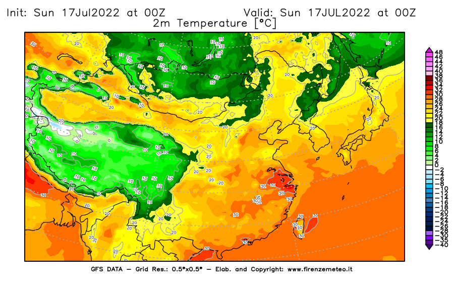 Mappa di analisi GFS - Temperatura a 2 metri dal suolo [°C] in Asia Orientale
							del 17/07/2022 00 <!--googleoff: index-->UTC<!--googleon: index-->