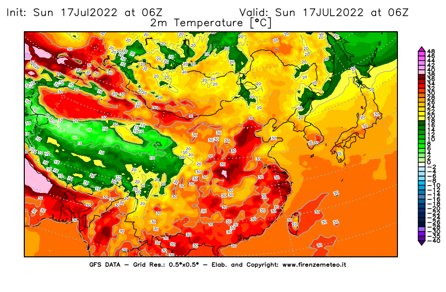 Mappa di analisi GFS - Temperatura a 2 metri dal suolo [°C] in Asia Orientale
							del 17/07/2022 06 <!--googleoff: index-->UTC<!--googleon: index-->