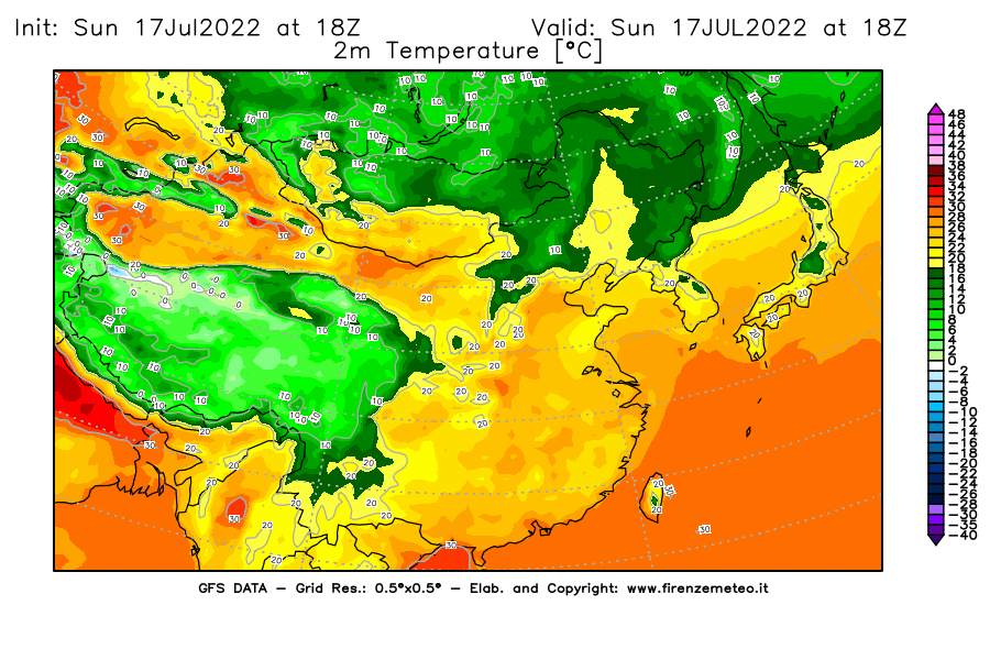 Mappa di analisi GFS - Temperatura a 2 metri dal suolo [°C] in Asia Orientale
							del 17/07/2022 18 <!--googleoff: index-->UTC<!--googleon: index-->