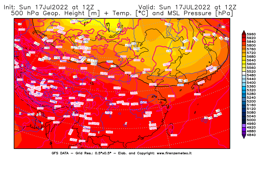 Mappa di analisi GFS - Geopotenziale [m] + Temp. [°C] a 500 hPa + Press. a livello del mare [hPa] in Asia Orientale
							del 17/07/2022 12 <!--googleoff: index-->UTC<!--googleon: index-->