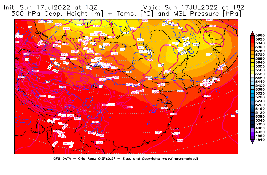 Mappa di analisi GFS - Geopotenziale [m] + Temp. [°C] a 500 hPa + Press. a livello del mare [hPa] in Asia Orientale
							del 17/07/2022 18 <!--googleoff: index-->UTC<!--googleon: index-->