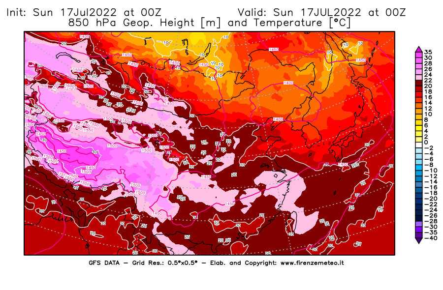 Mappa di analisi GFS - Geopotenziale [m] e Temperatura [°C] a 850 hPa in Asia Orientale
							del 17/07/2022 00 <!--googleoff: index-->UTC<!--googleon: index-->