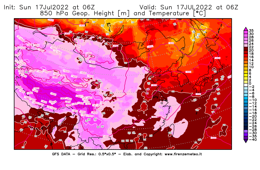 Mappa di analisi GFS - Geopotenziale [m] e Temperatura [°C] a 850 hPa in Asia Orientale
							del 17/07/2022 06 <!--googleoff: index-->UTC<!--googleon: index-->