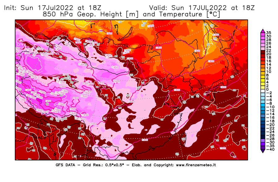 Mappa di analisi GFS - Geopotenziale [m] e Temperatura [°C] a 850 hPa in Asia Orientale
							del 17/07/2022 18 <!--googleoff: index-->UTC<!--googleon: index-->