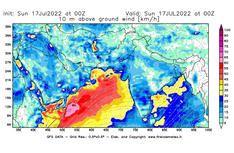 Mappa di analisi GFS - Velocità del vento a 10 metri dal suolo [km/h] in Asia Sud-Occidentale
							del 17/07/2022 00 <!--googleoff: index-->UTC<!--googleon: index-->