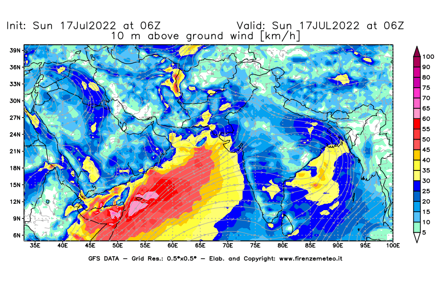 Mappa di analisi GFS - Velocità del vento a 10 metri dal suolo [km/h] in Asia Sud-Occidentale
							del 17/07/2022 06 <!--googleoff: index-->UTC<!--googleon: index-->