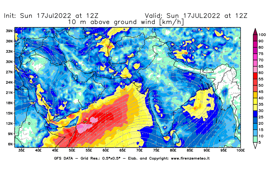 Mappa di analisi GFS - Velocità del vento a 10 metri dal suolo [km/h] in Asia Sud-Occidentale
							del 17/07/2022 12 <!--googleoff: index-->UTC<!--googleon: index-->