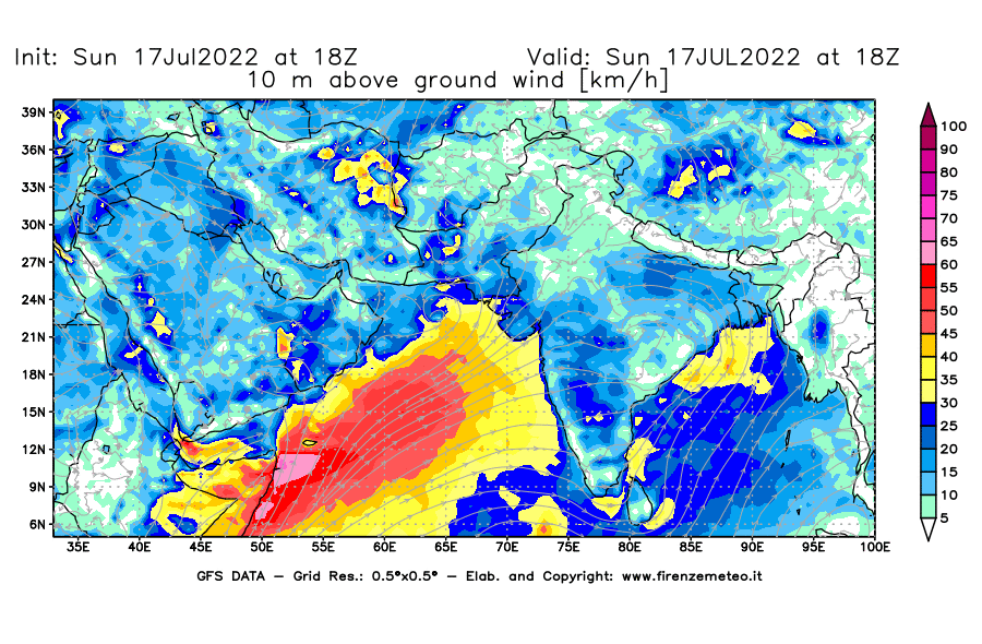 Mappa di analisi GFS - Velocità del vento a 10 metri dal suolo [km/h] in Asia Sud-Occidentale
							del 17/07/2022 18 <!--googleoff: index-->UTC<!--googleon: index-->