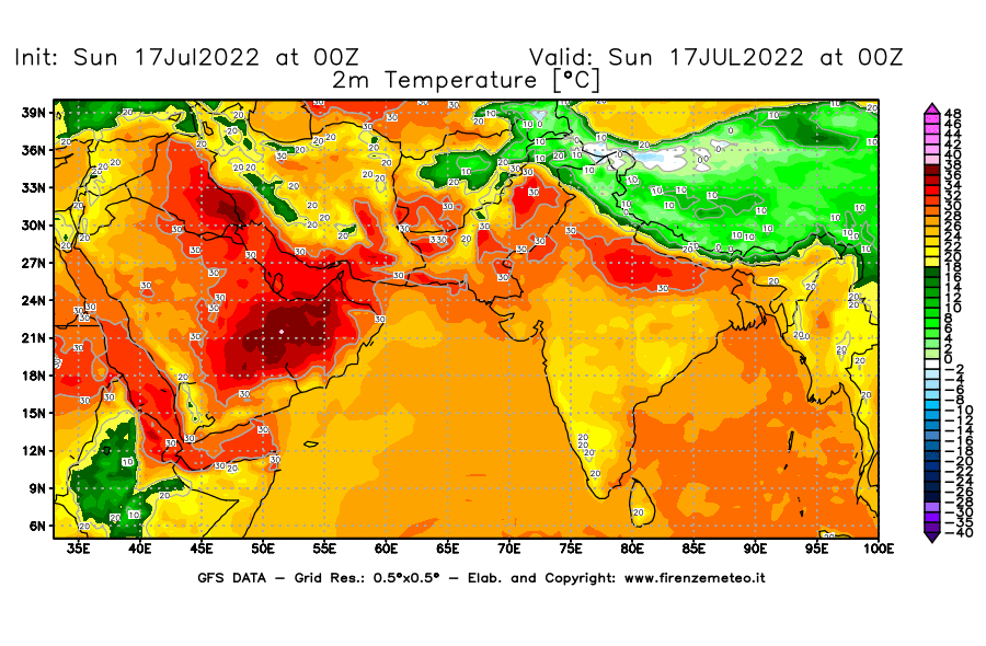 Mappa di analisi GFS - Temperatura a 2 metri dal suolo [°C] in Asia Sud-Occidentale
							del 17/07/2022 00 <!--googleoff: index-->UTC<!--googleon: index-->