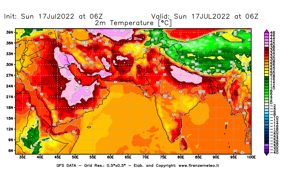 Mappa di analisi GFS - Temperatura a 2 metri dal suolo [°C] in Asia Sud-Occidentale
							del 17/07/2022 06 <!--googleoff: index-->UTC<!--googleon: index-->