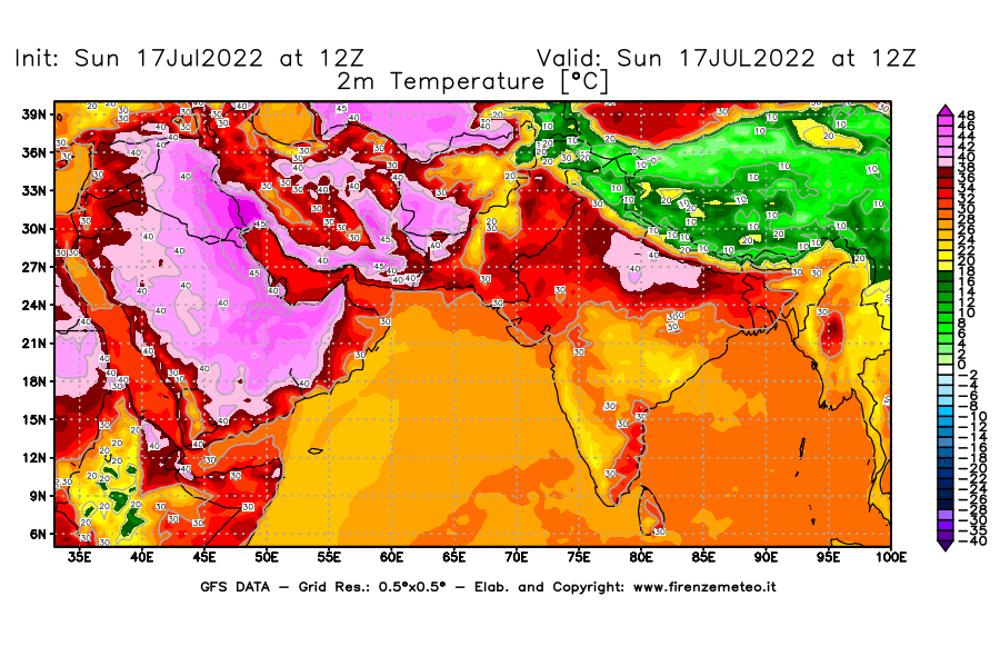 Mappa di analisi GFS - Temperatura a 2 metri dal suolo [°C] in Asia Sud-Occidentale
							del 17/07/2022 12 <!--googleoff: index-->UTC<!--googleon: index-->