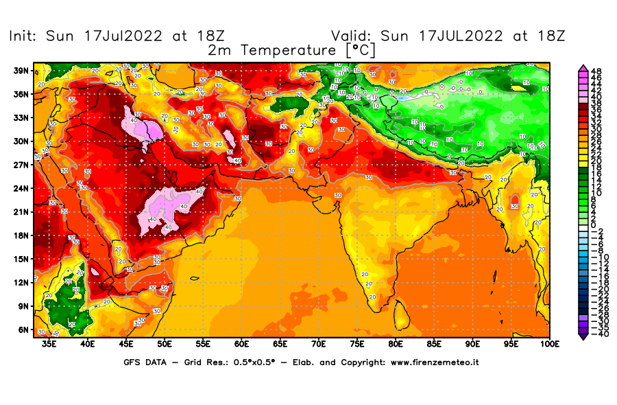 Mappa di analisi GFS - Temperatura a 2 metri dal suolo [°C] in Asia Sud-Occidentale
							del 17/07/2022 18 <!--googleoff: index-->UTC<!--googleon: index-->