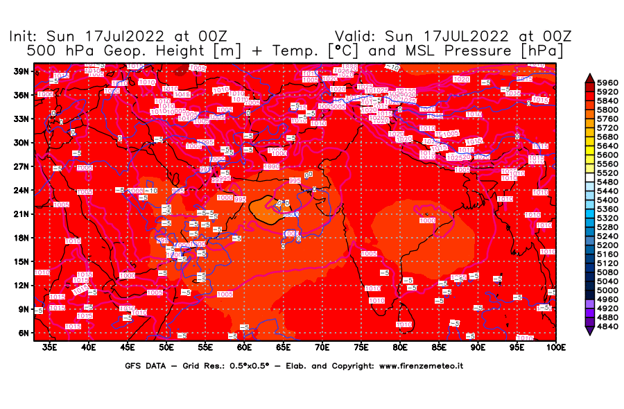 Mappa di analisi GFS - Geopotenziale [m] + Temp. [°C] a 500 hPa + Press. a livello del mare [hPa] in Asia Sud-Occidentale
							del 17/07/2022 00 <!--googleoff: index-->UTC<!--googleon: index-->