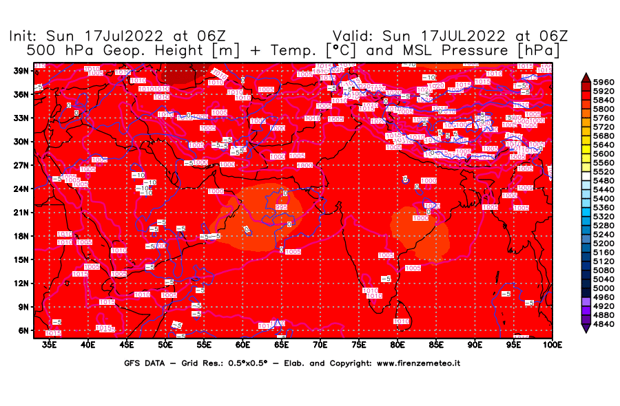 Mappa di analisi GFS - Geopotenziale [m] + Temp. [°C] a 500 hPa + Press. a livello del mare [hPa] in Asia Sud-Occidentale
							del 17/07/2022 06 <!--googleoff: index-->UTC<!--googleon: index-->