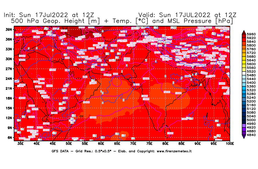 Mappa di analisi GFS - Geopotenziale [m] + Temp. [°C] a 500 hPa + Press. a livello del mare [hPa] in Asia Sud-Occidentale
							del 17/07/2022 12 <!--googleoff: index-->UTC<!--googleon: index-->