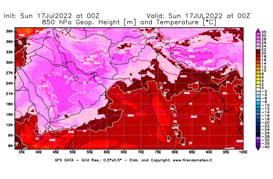 Mappa di analisi GFS - Geopotenziale [m] e Temperatura [°C] a 850 hPa in Asia Sud-Occidentale
							del 17/07/2022 00 <!--googleoff: index-->UTC<!--googleon: index-->
