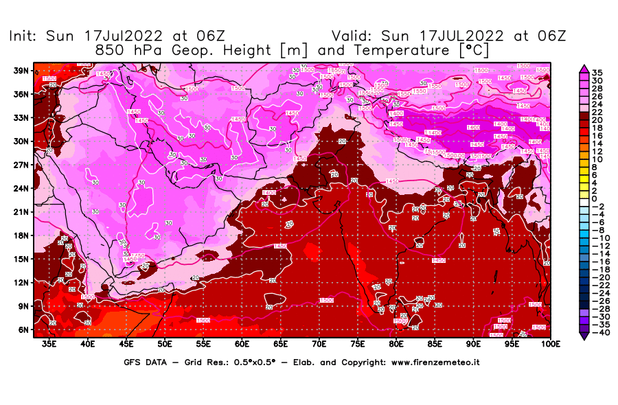 Mappa di analisi GFS - Geopotenziale [m] e Temperatura [°C] a 850 hPa in Asia Sud-Occidentale
							del 17/07/2022 06 <!--googleoff: index-->UTC<!--googleon: index-->