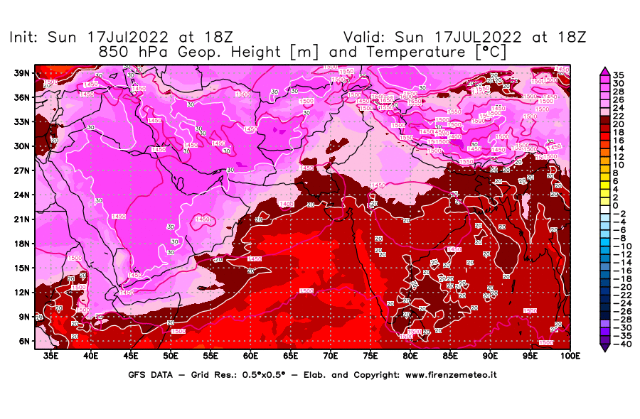 Mappa di analisi GFS - Geopotenziale [m] e Temperatura [°C] a 850 hPa in Asia Sud-Occidentale
							del 17/07/2022 18 <!--googleoff: index-->UTC<!--googleon: index-->