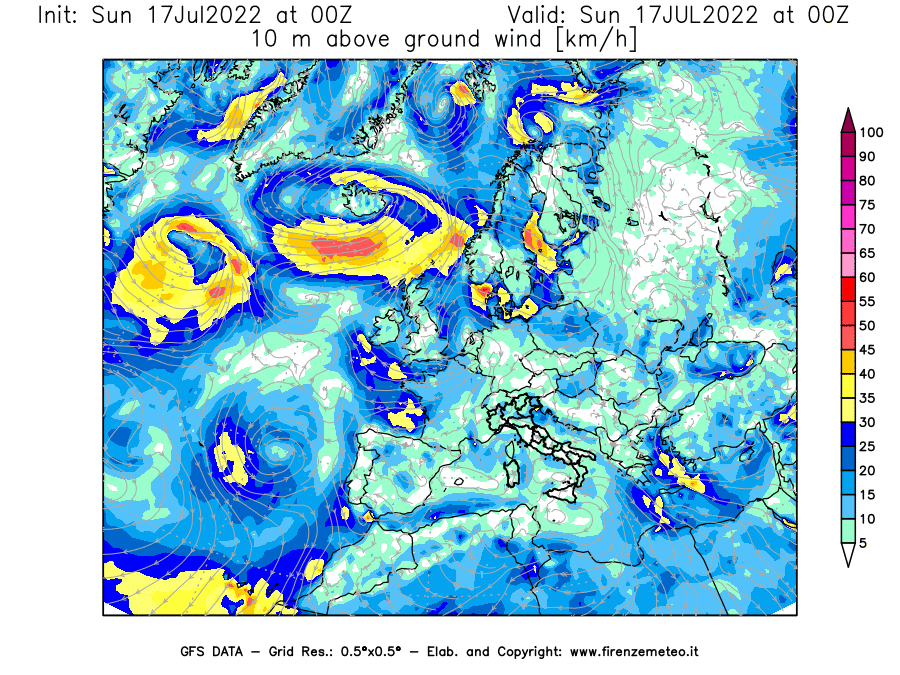 Mappa di analisi GFS - Velocità del vento a 10 metri dal suolo [km/h] in Europa
							del 17/07/2022 00 <!--googleoff: index-->UTC<!--googleon: index-->